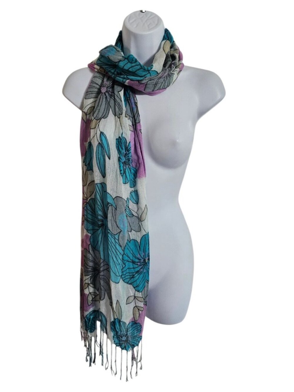 Artisan Womens One Size Scarf Blue Purple Gauze Floral Shawl Iconic Boho Wrap - Picture 3 of 4